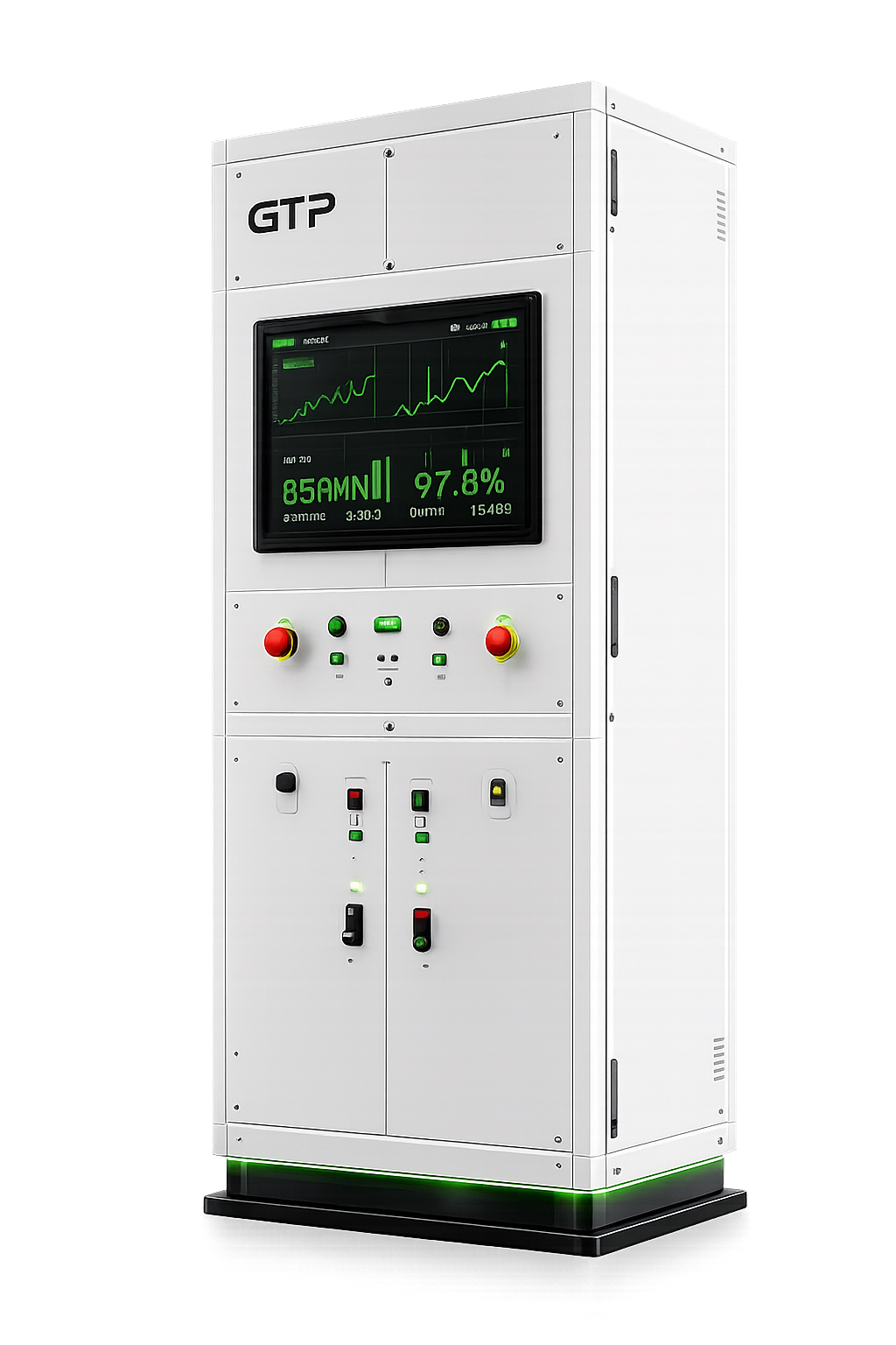 Industrial automation control cabinet with status display.