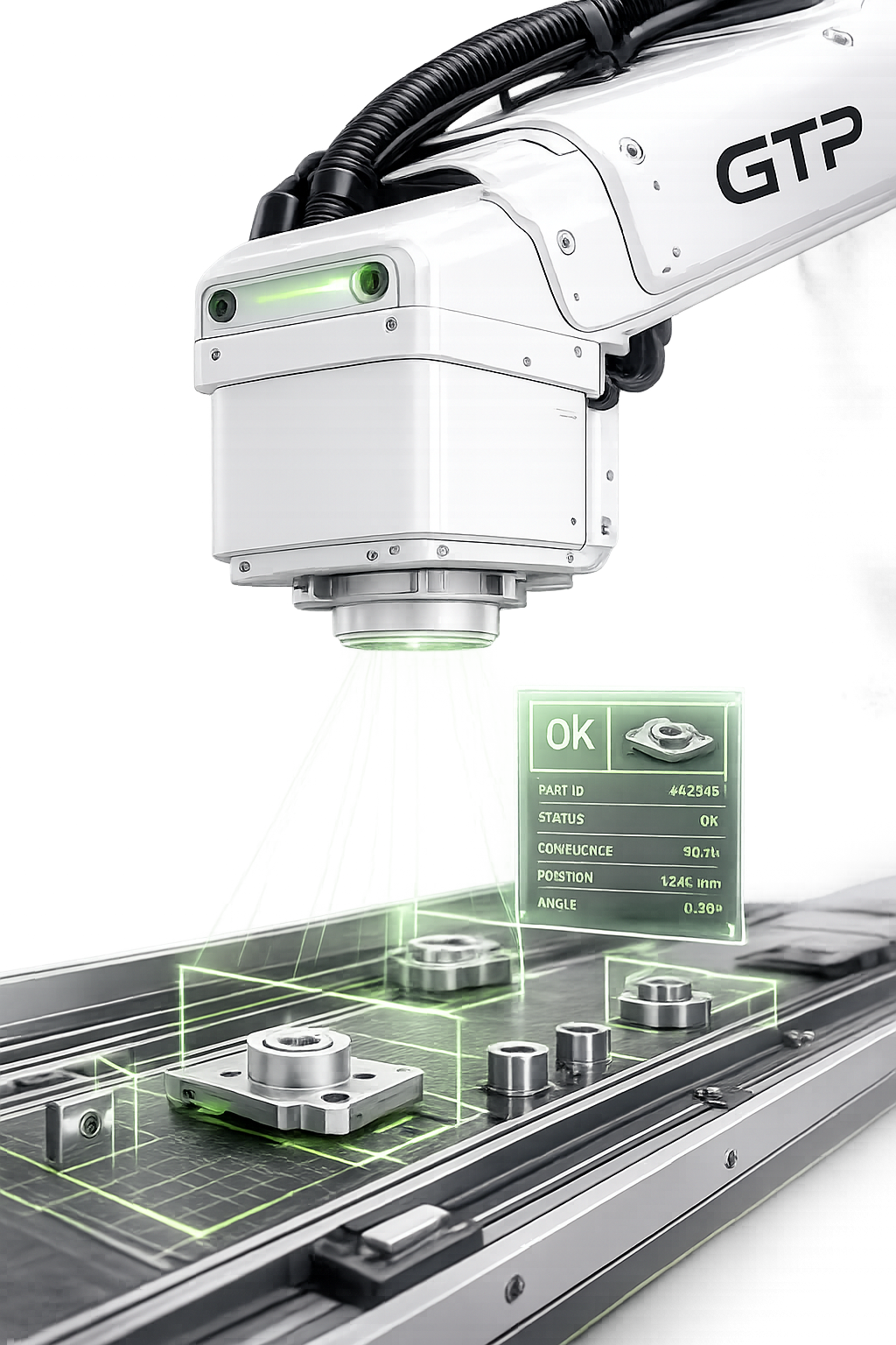 Machine vision inspection head scanning manufactured components.