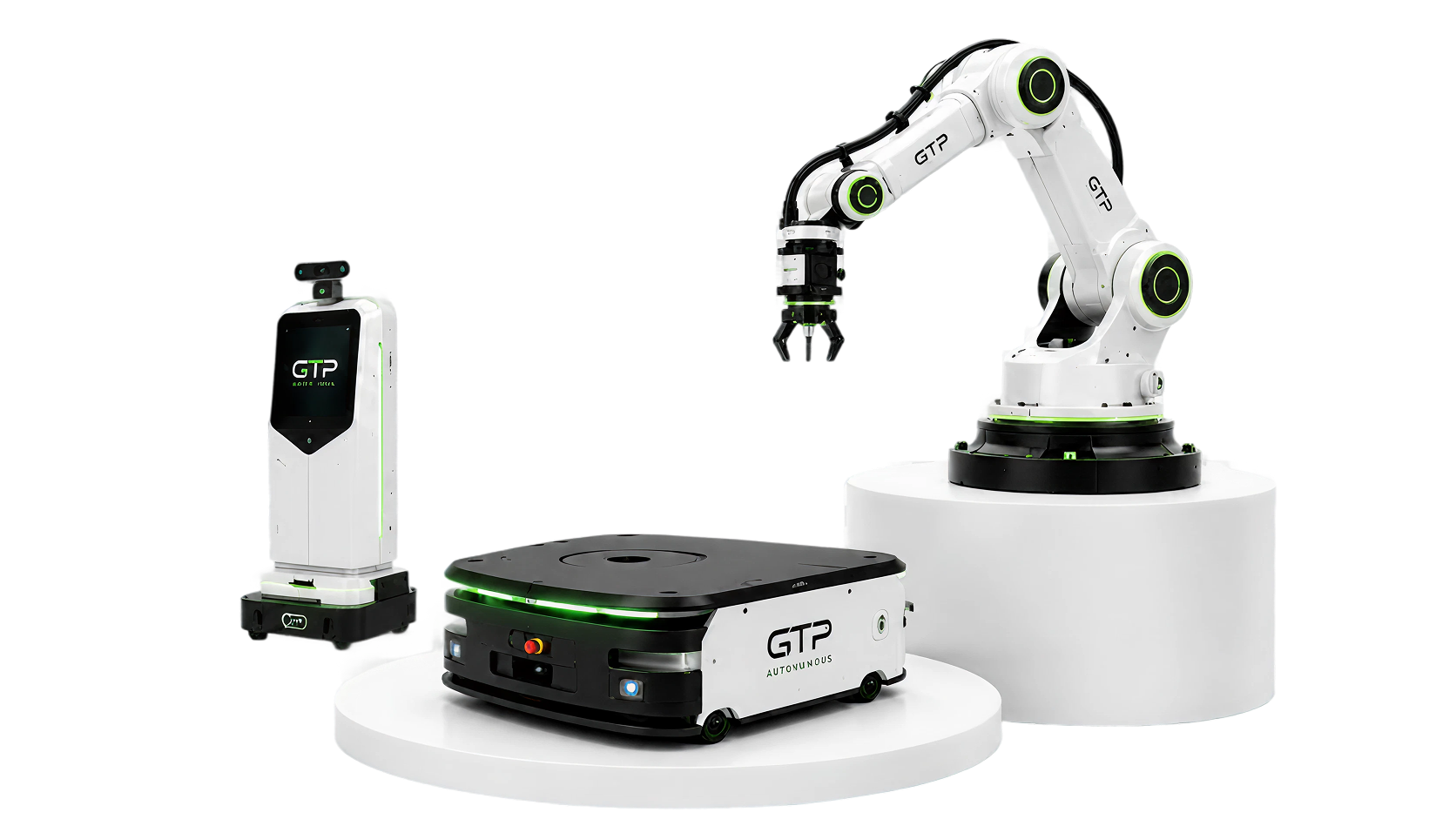 GTP robotic arm, autonomous mobile robot, and service robot on display podiums.