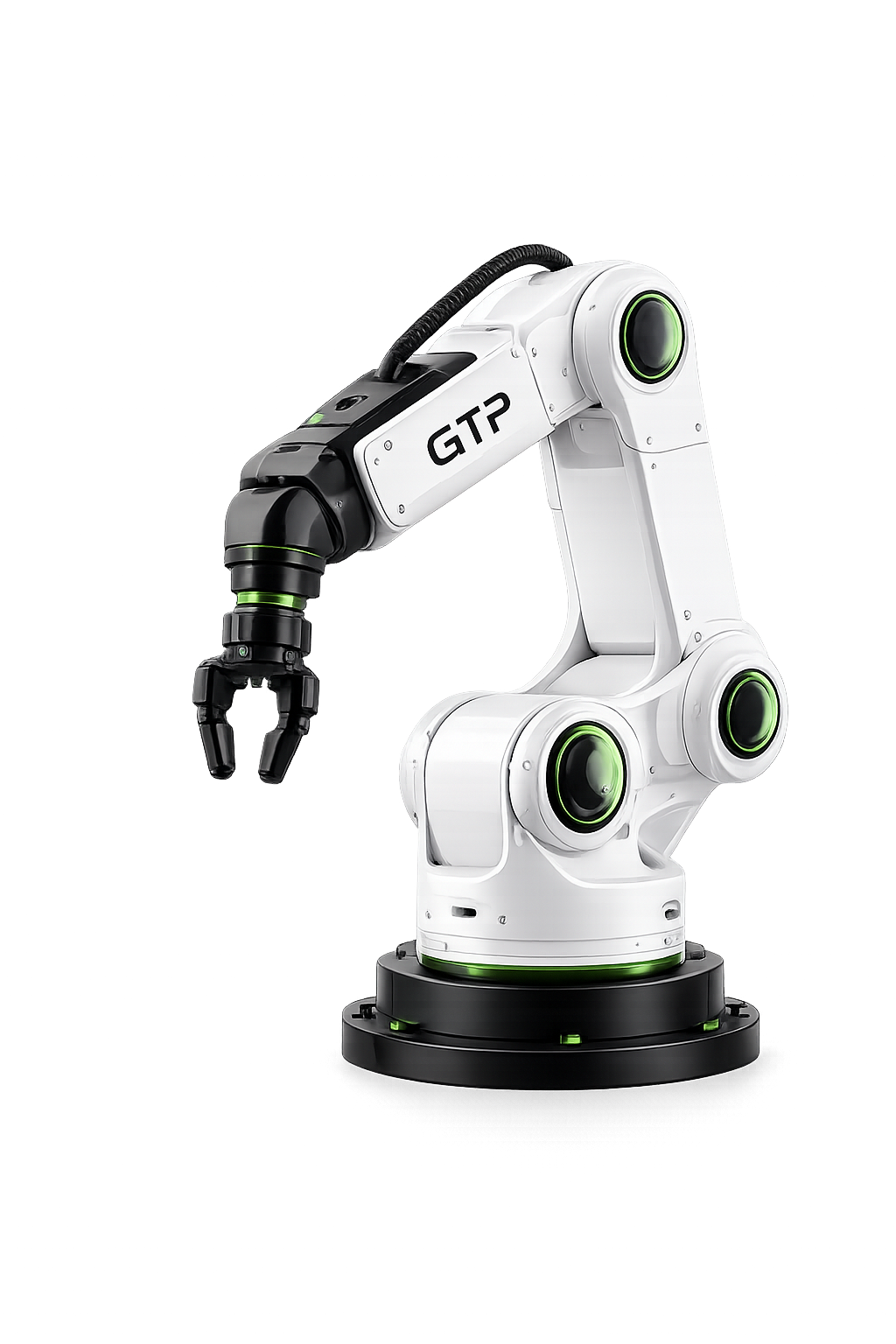 Industrial robotic arm with green illuminated joints.